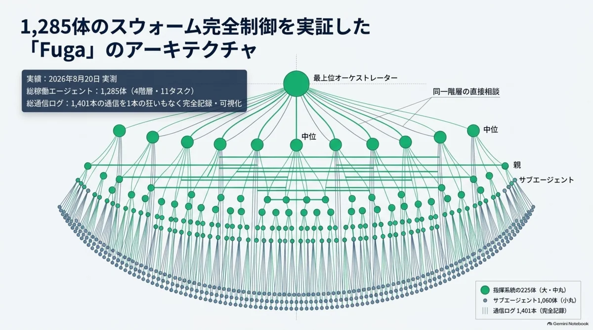 1,285体のスウォーム完全制御を実証したFugaのアーキテクチャ図。最上位オーケストレーター1体・中位11体・親213体・サブエージェント1,060体の4階層構成をKandaQuantum社内実測で可視化。NotebookLM解説スライドより