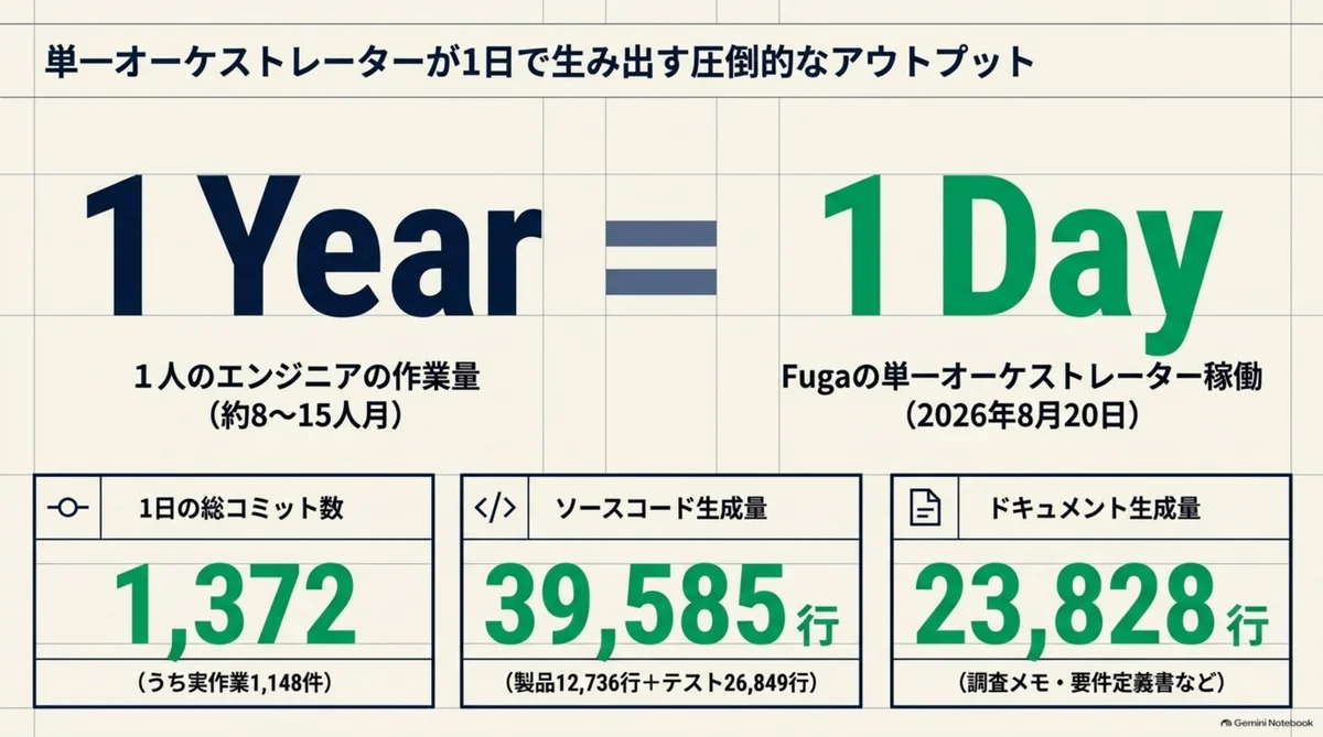 単一オーケストレーターが1日で生み出すアウトプット。1人のエンジニアの1年分（約8〜15人月）とFugaの1日稼働を対比。1日の総コミット数1,372、ソースコード生成量39,585行、ドキュメント生成量23,828行。NotebookLM解説スライドより