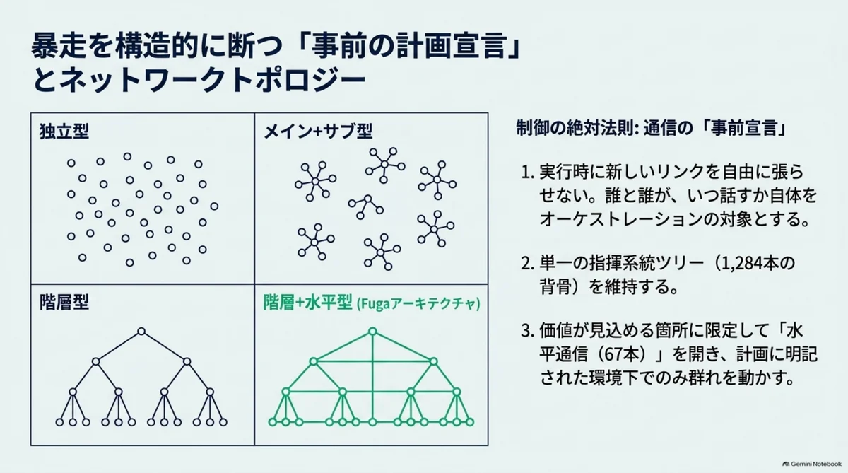 暴走を構造的に断つ「事前の計画宣言」とネットワークトポロジー。独立型・メイン+サブ型・階層型・階層+水平型（Fugaアーキテクチャ）の4パターン比較図。NotebookLM解説スライドより