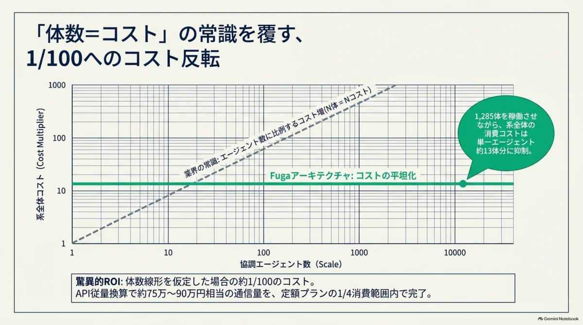 「体数=コスト」の常識を覆す、1/100へのコスト反転。協調エージェント数とコストの両対数グラフ。1,285体運用時のコストが単一エージェント約13体分に平坦化。NotebookLM解説スライドより