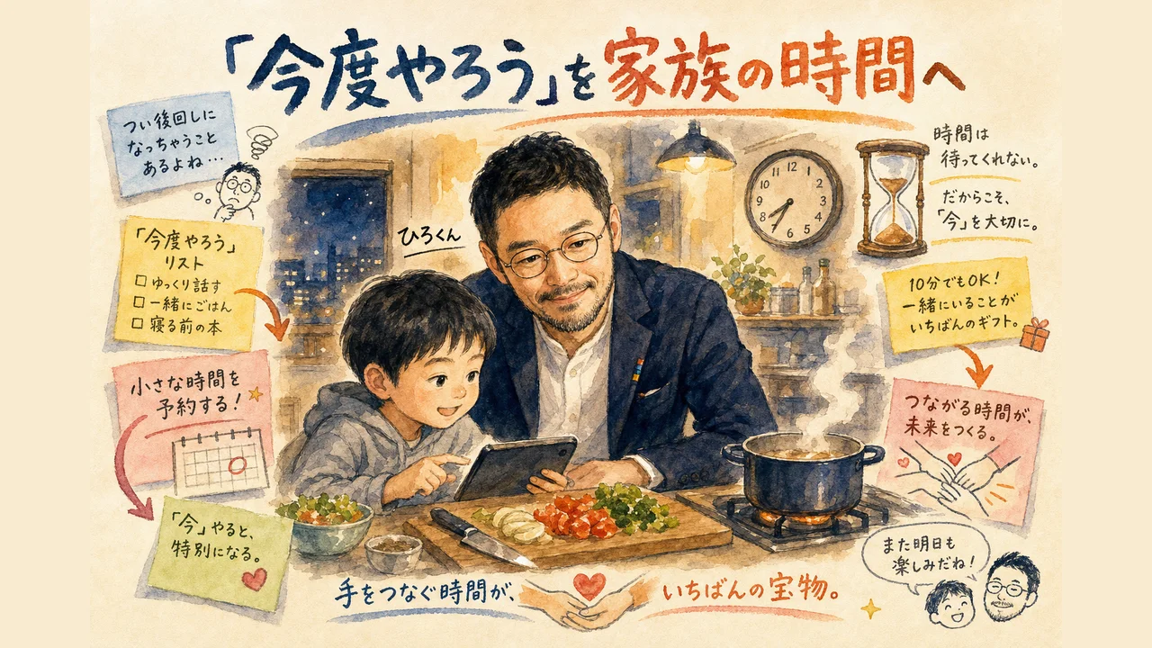 ひろくんが台所で子どもとAIを使いながら話しているイメージの図解