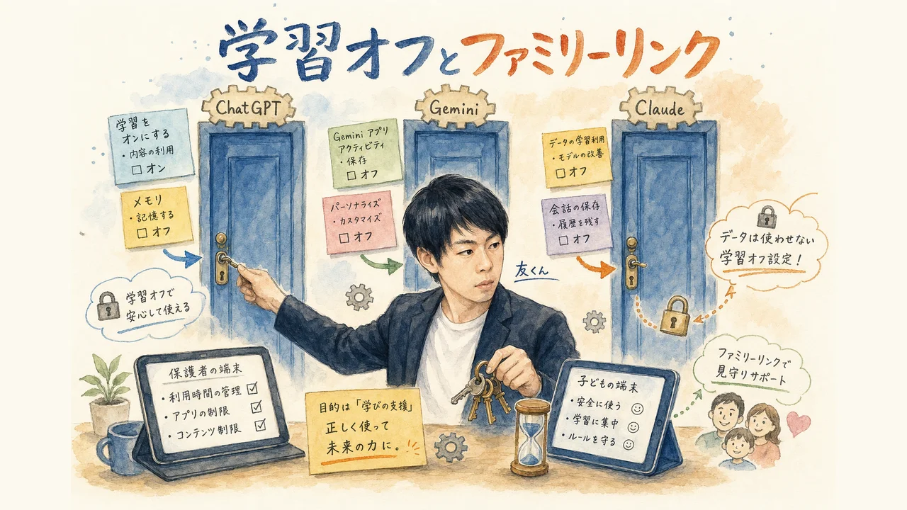 ChatGPT・Gemini・Claudeの学習オフ設定の場所を並べた図解