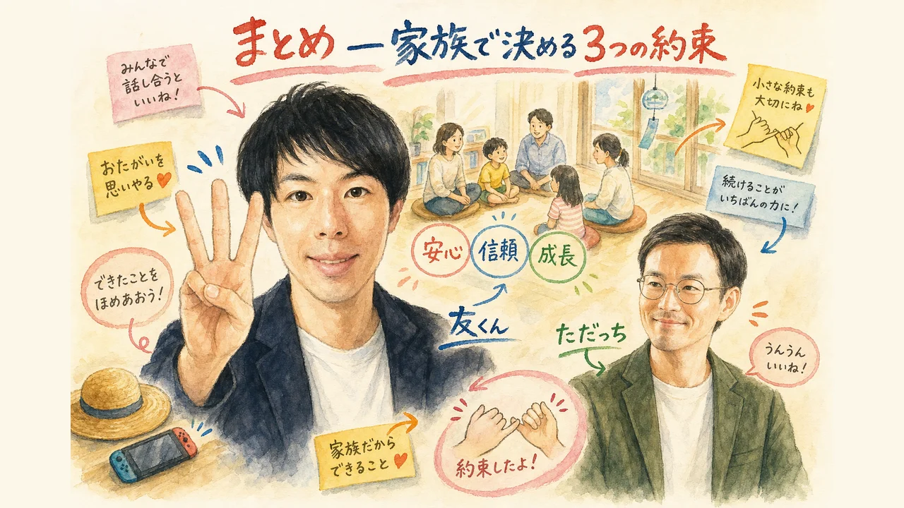 家族で決める3つの約束を語り合う場面の図解
