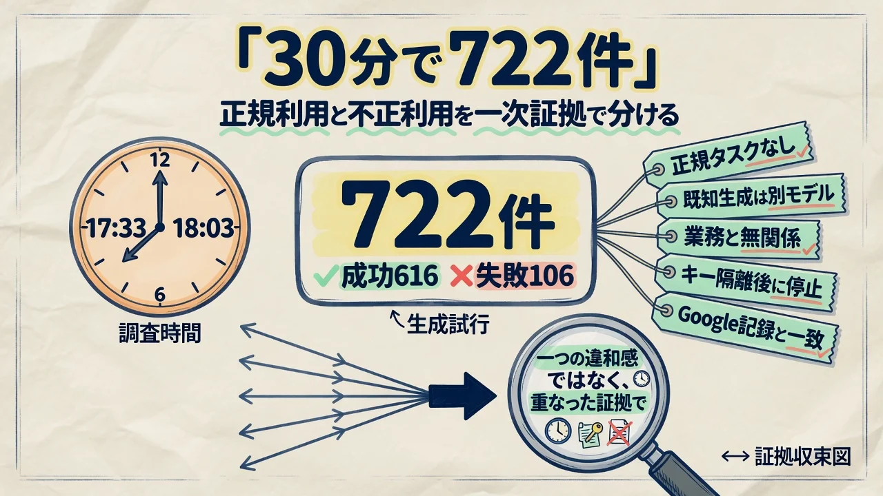 30分で722件。正規利用と不正利用を一次証拠で切り分ける