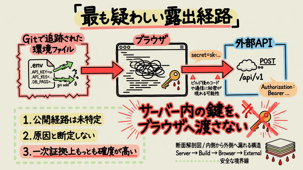 Git追跡環境ファイルとブラウザAPI直呼びによる疑わしい露出経路