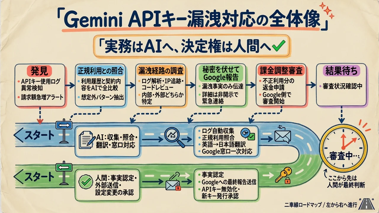 Gemini APIキー漏洩対応の全体像。実務はAI、決定権は人間