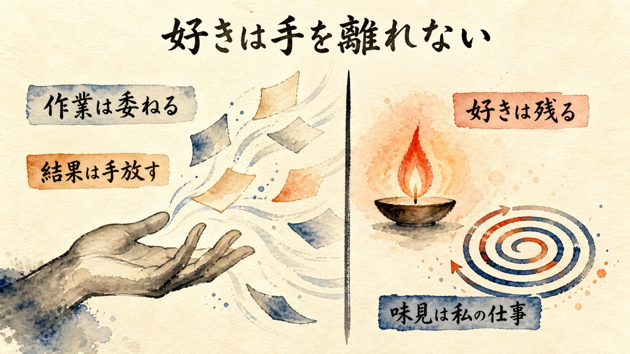作業と結果は手放し、好きと味見は残す対比図