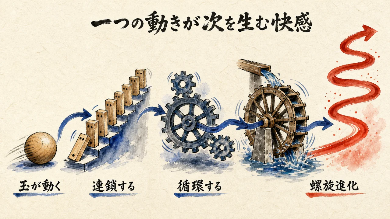 木の玉、ドミノ、歯車、水車から螺旋進化へつながる図