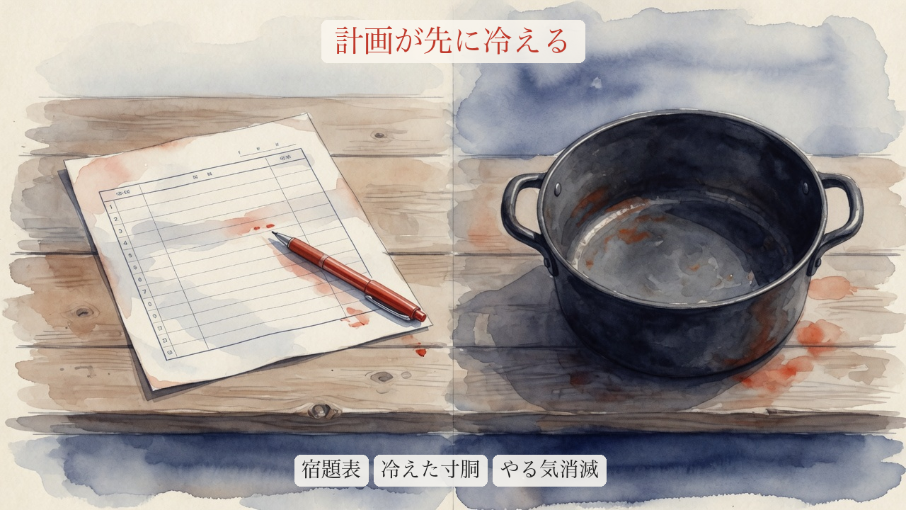 夏休みの宿題表と冷えた寸胴。計画が成立した瞬間にやる気が消える対比図