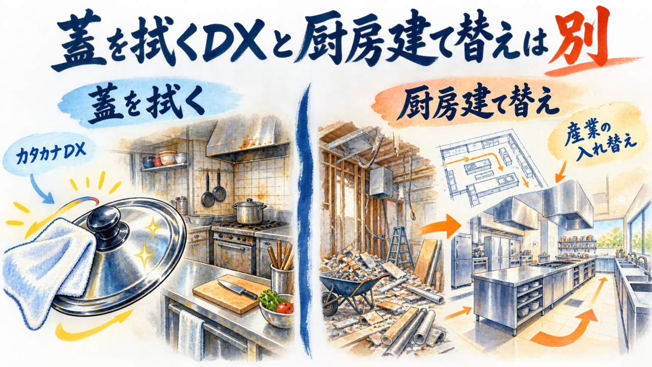 蓋を拭くことと厨房を建て替えることを混ぜない対比図解