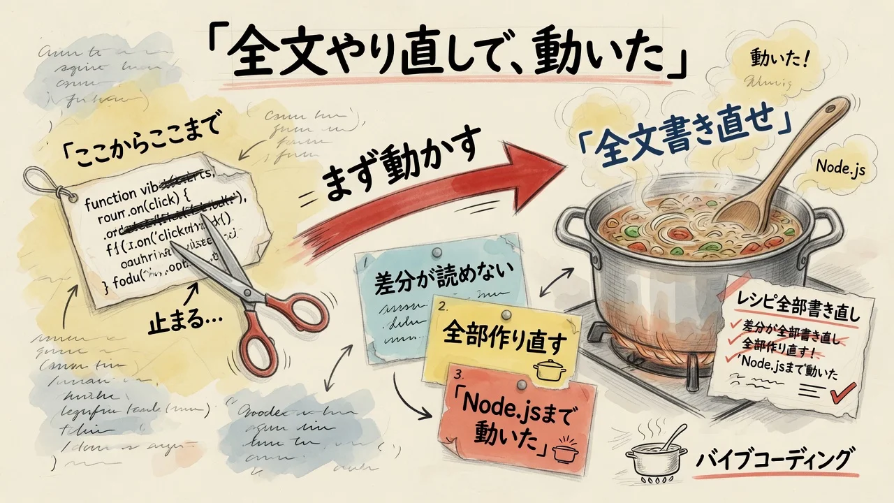全文やり直しから動かす図解。部分修正ではなく鍋ごと作り直す