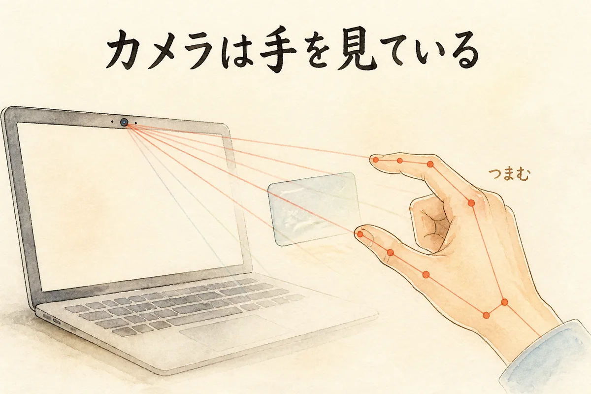 ノートパソコンのカメラが手を読み取り、指がガラスのカードをつまんでいる図