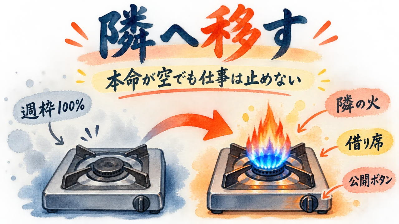 隣へ移す。週枠100%の消えたコンロと、隣の火がついたコンロ