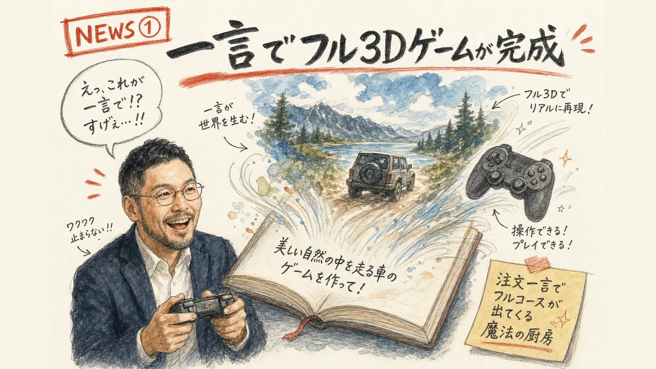 Claude Opus 5がプロンプト一発で3Dゲームを生成する様子を解説するグラレコ
