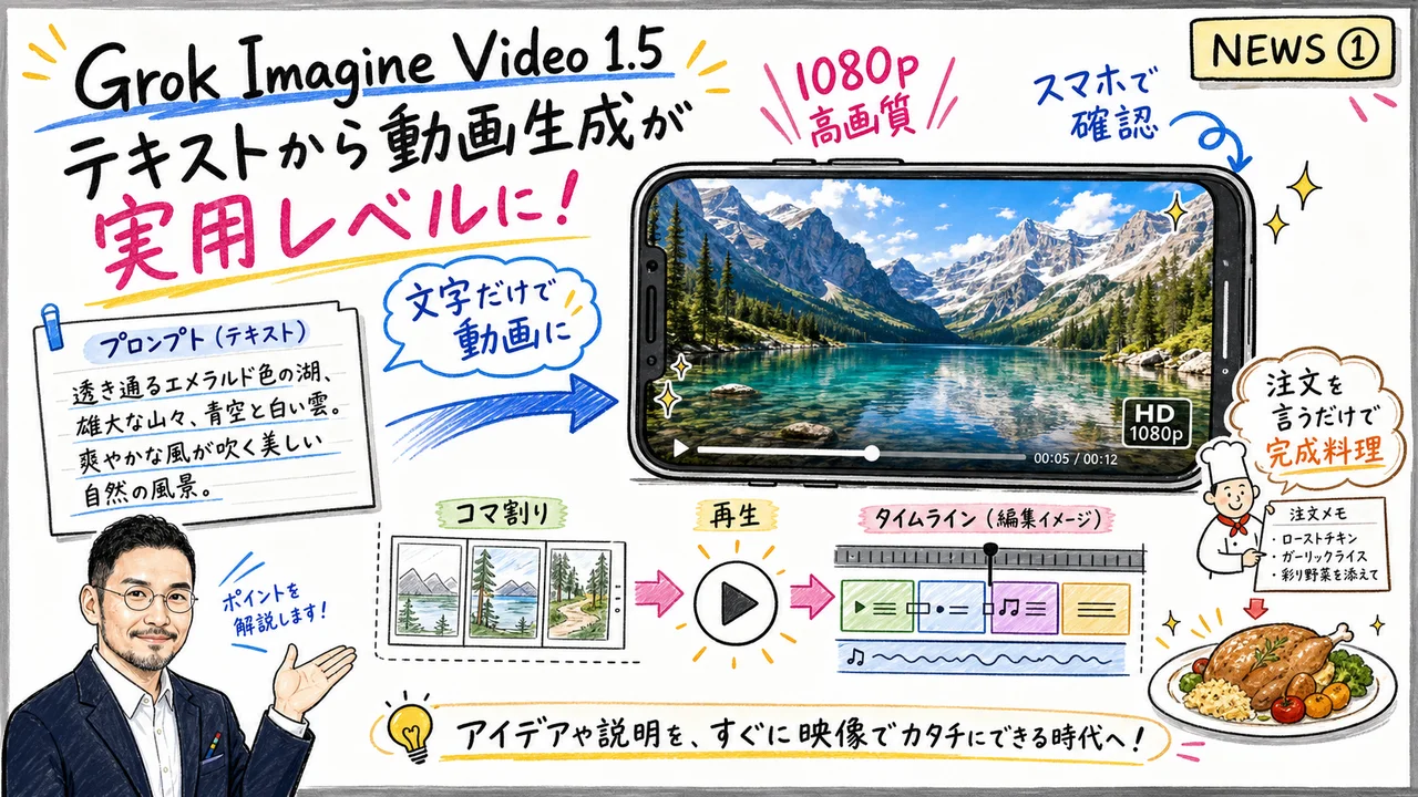 Grok Imagine Video 1.5のテキストto動画機能を解説するグラレコ
