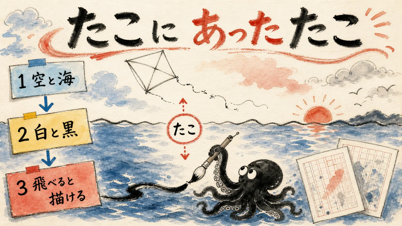 糸の切れた白い凧が空から落ち、海の中で墨を吐く黒い蛸が見上げている手描き水彩の図。二つのあいだに「たこ」と書かれ、左に『空と海／白と黒／飛べると描ける』の付箋が並ぶ