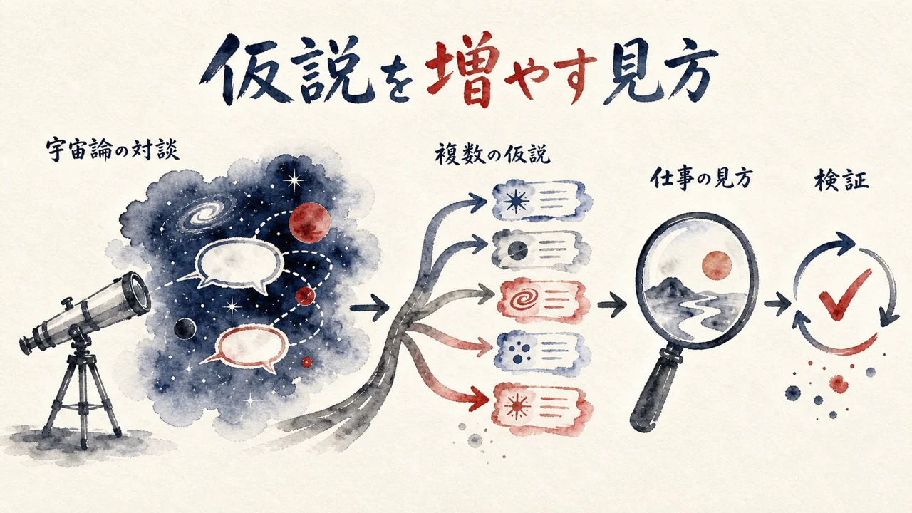 宇宙論の対談から仕事の仮説を増やす方法へ変換する図解