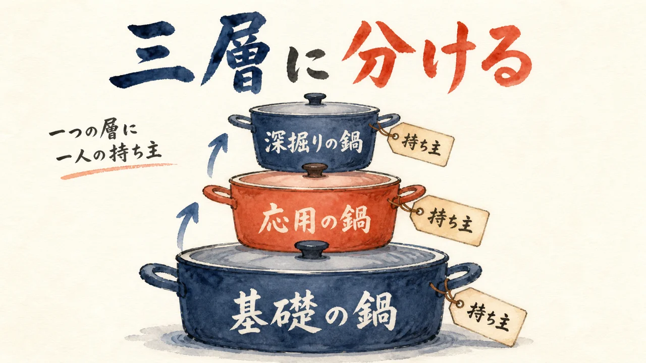 仕事を三層に分け層ごとに所有者を一人置く階層図解