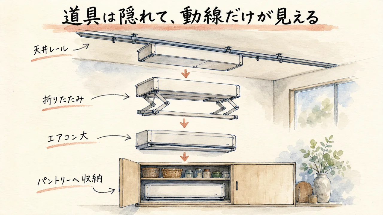 天井レールから折りたたんでパントリーへ隠す分解図解