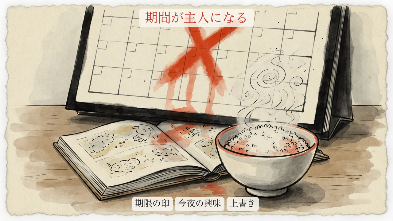 8月31日の期限が今日の興味を上書きする前後図。冷えた寸胴と開いた図鑑