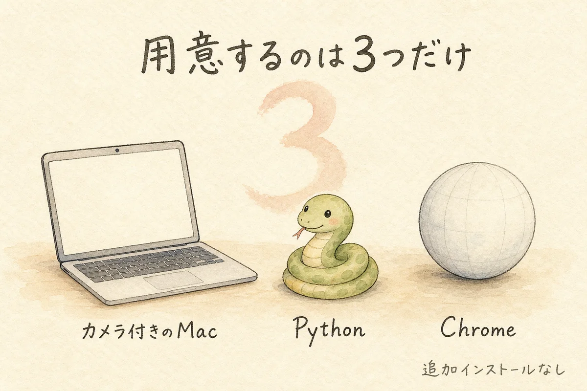 用意するのはカメラ付きのMac・Python・Chromeの3つだけという図