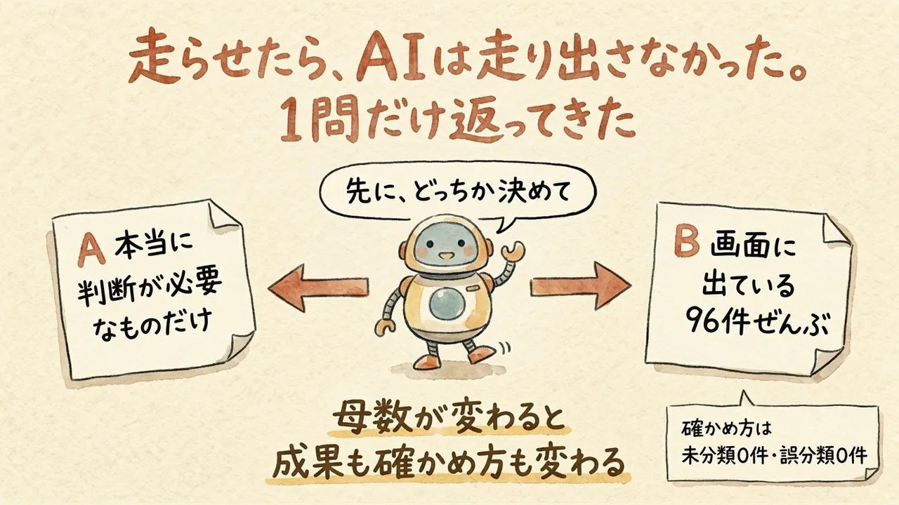AIが走り出さず、確認の質問を1つだけ返してきた場面の図解