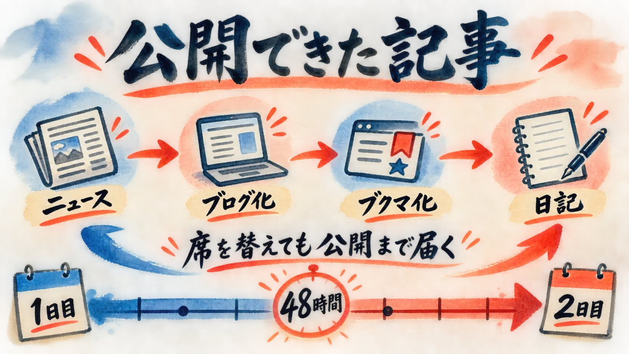 公開できた記事。ニュース、ブログ化、ブクマ化、日記が48時間で公開まで届く図