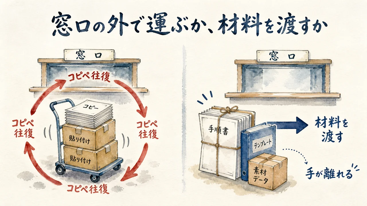 窓口の外で運ぶか材料を渡すか