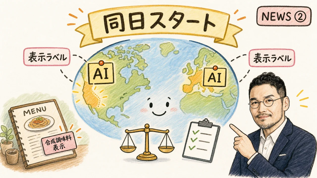 米カリフォルニア州とEUのAI透明性表示義務を解説するグラレコ
