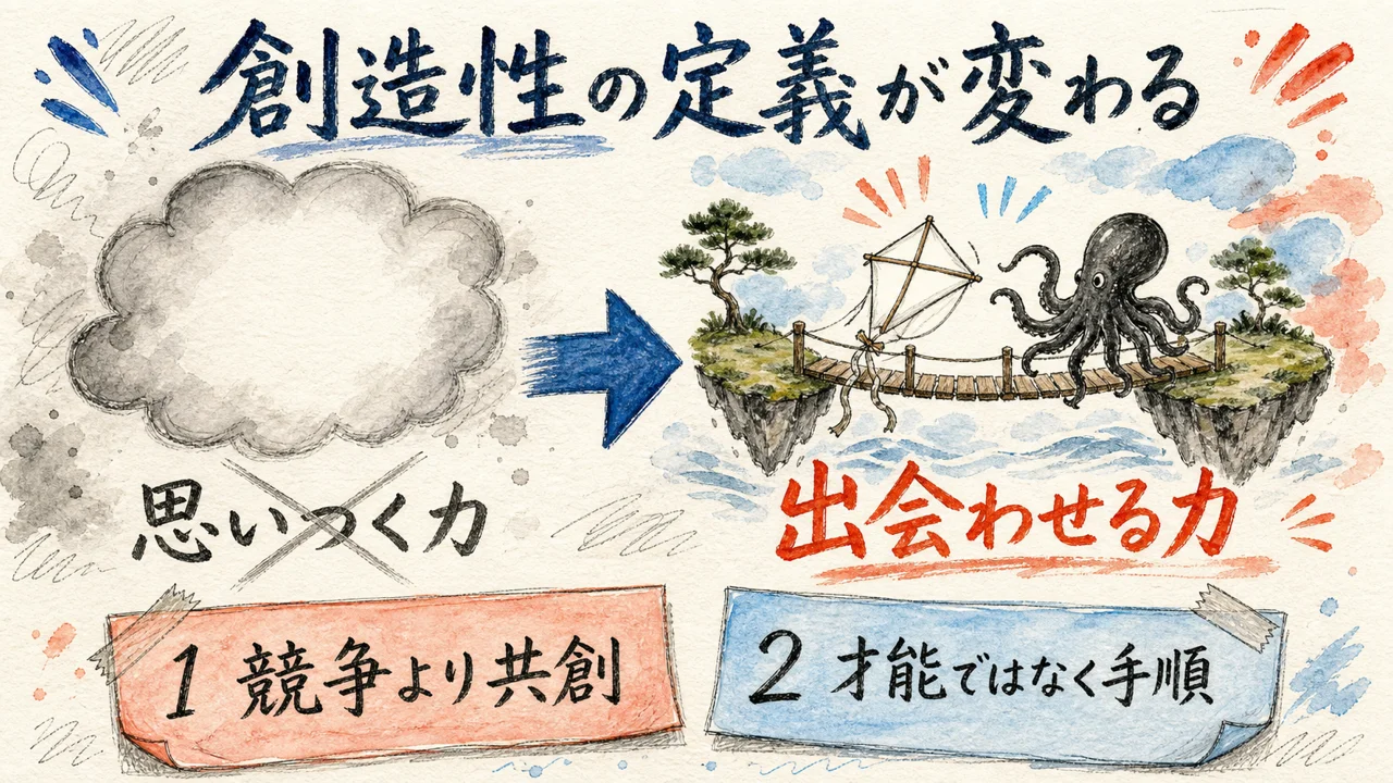 左に何も浮かばない灰色の雲と「思いつく力」、右に離れた二つの島を橋でつなぎ凧と蛸が出会う「出会わせる力」を描いた手描き水彩の対比図