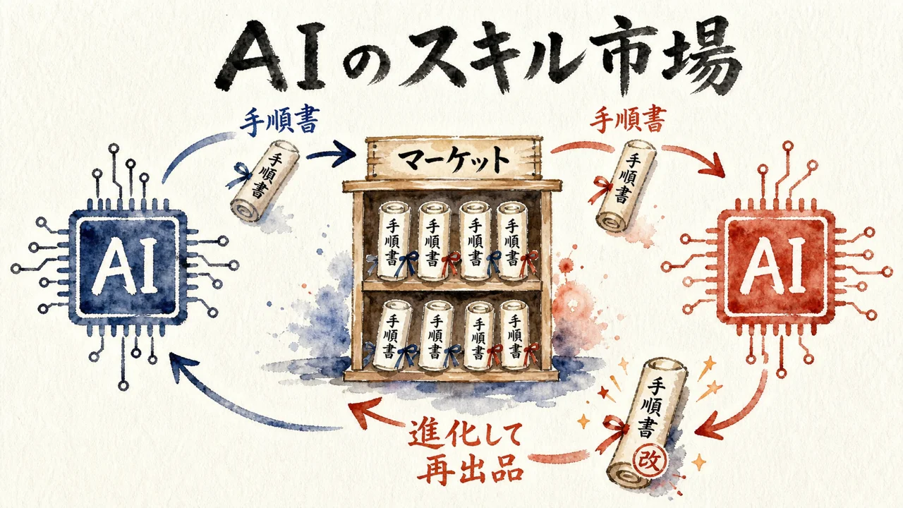 AIのスキル市場——手順書が売買される流れの図解