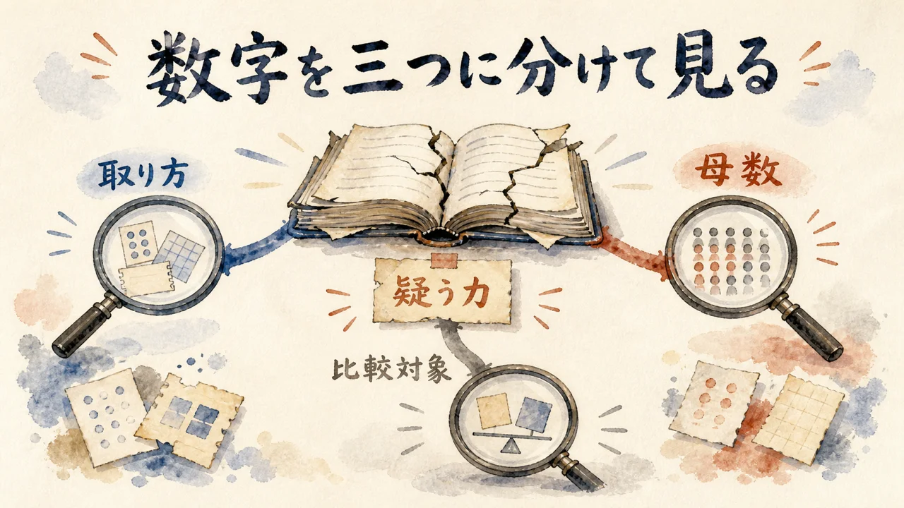 教科書の数字を取り方・母数・比較対象に分解して疑う図解