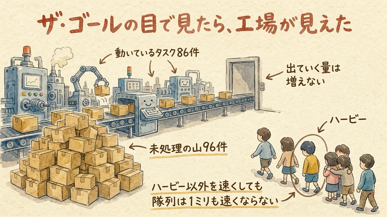 全工程フル稼働なのに仕掛在庫が山積みで出荷が増えない工場の図解
