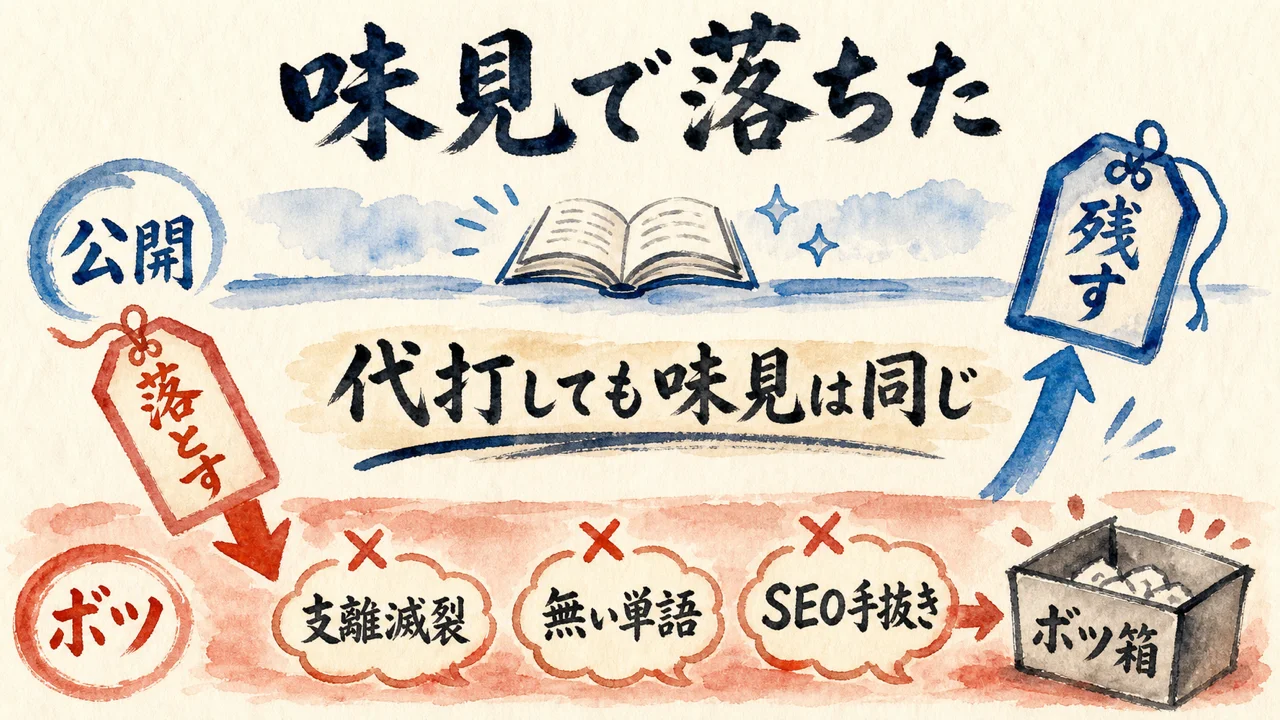 味見で落ちた。支離滅裂、無い単語、SEO手抜きがボツ箱へ入る図