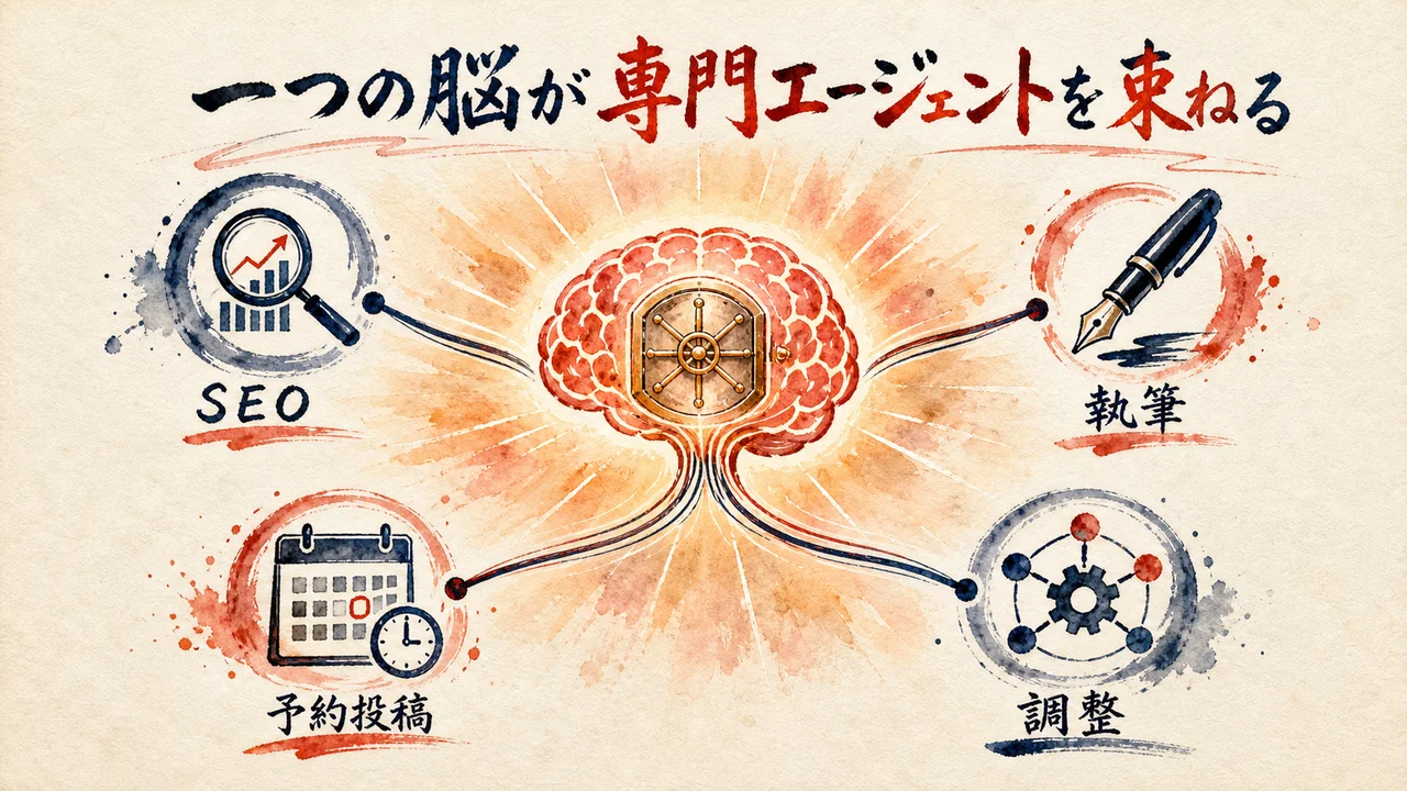 一つの脳が複数の専門エージェントを束ねる構造を示す図解