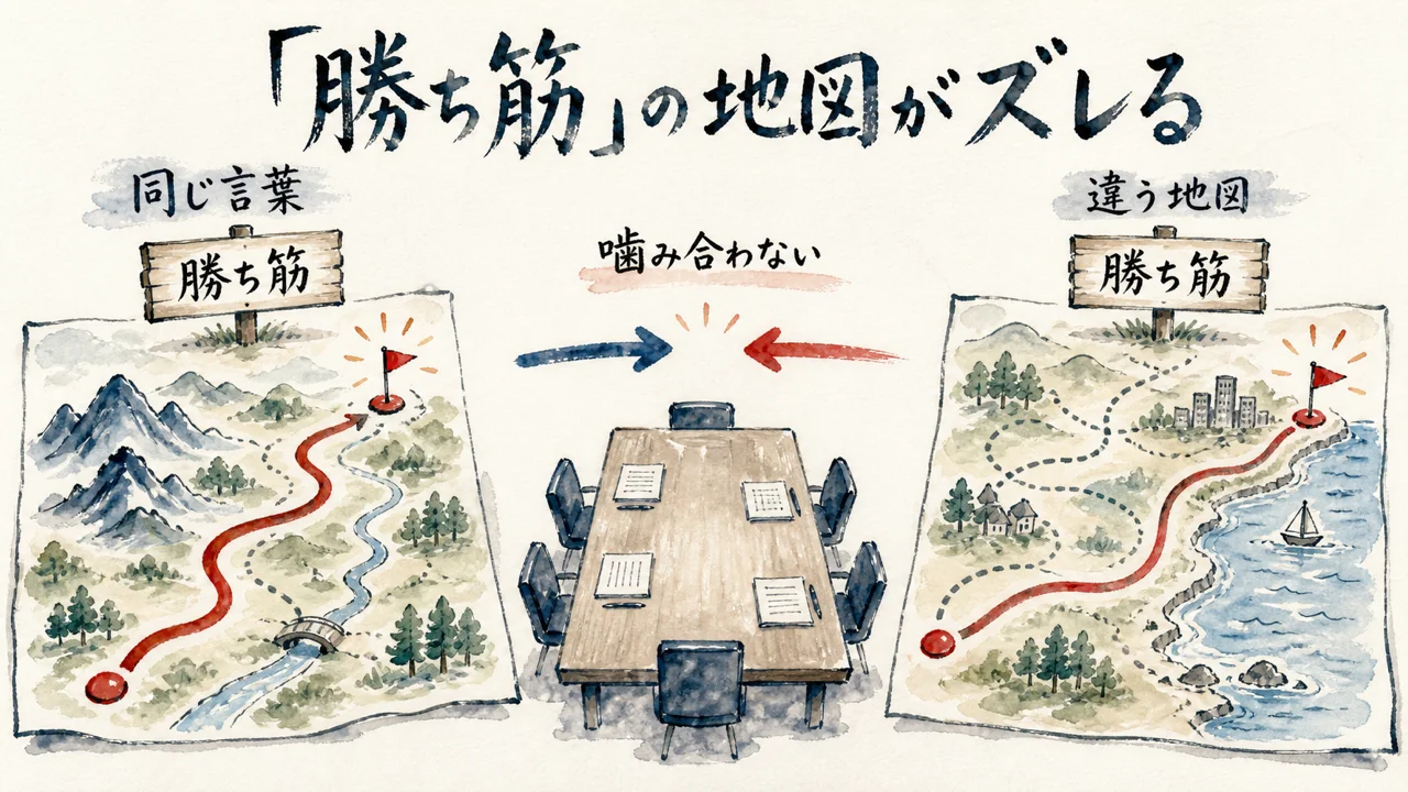 「勝ち筋」という同じ言葉が企業ごとにズレていく様子を示す図解