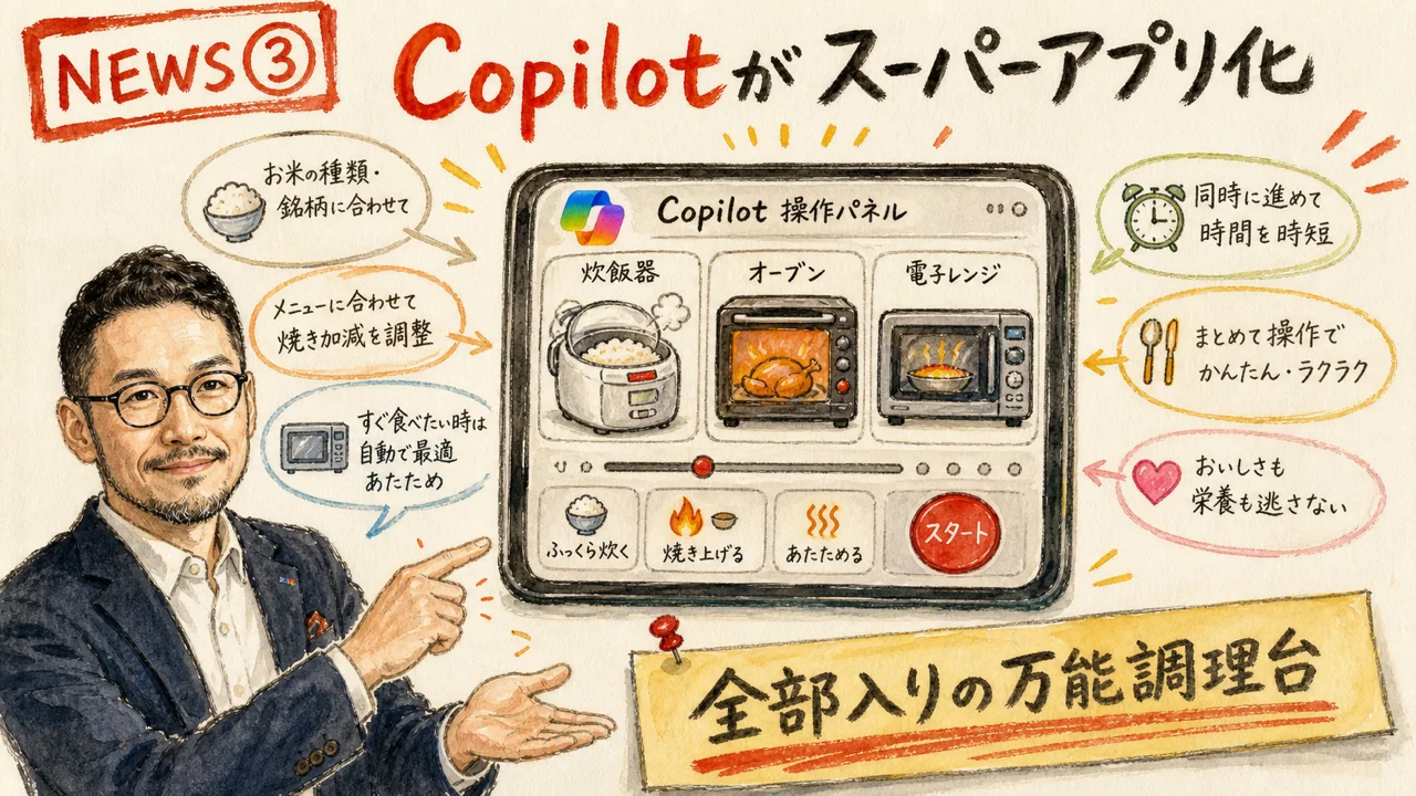 Microsoft 365 CopilotのスーパーアプリAI化を解説するグラレコ