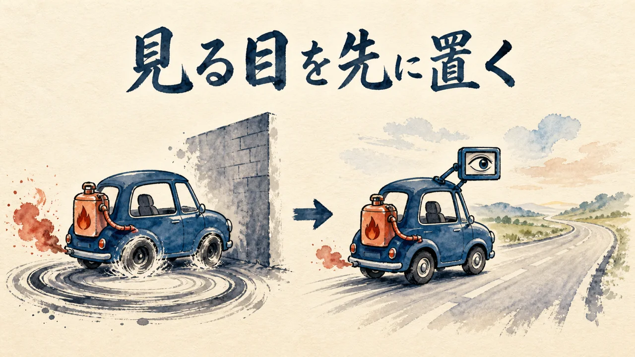 情熱だけの車は壁に突っ込む。見る目を先に置く前後図解