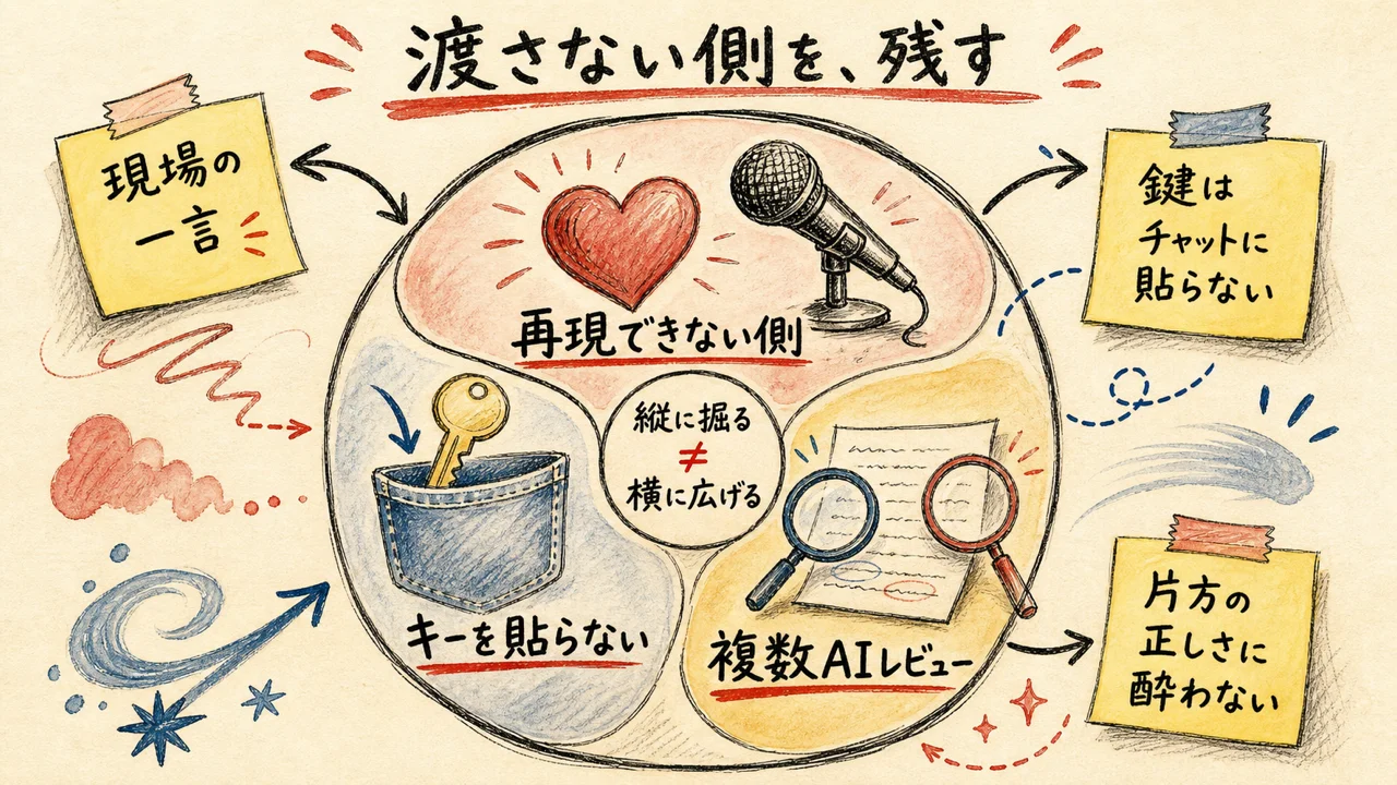 再現できない側と鍵と複数AIレビューの図解
