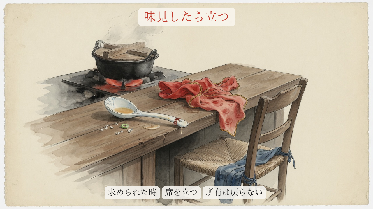 味見スプーンを置いて厨房を離れる流れ図。助言しても鍋の所有は戻らない
