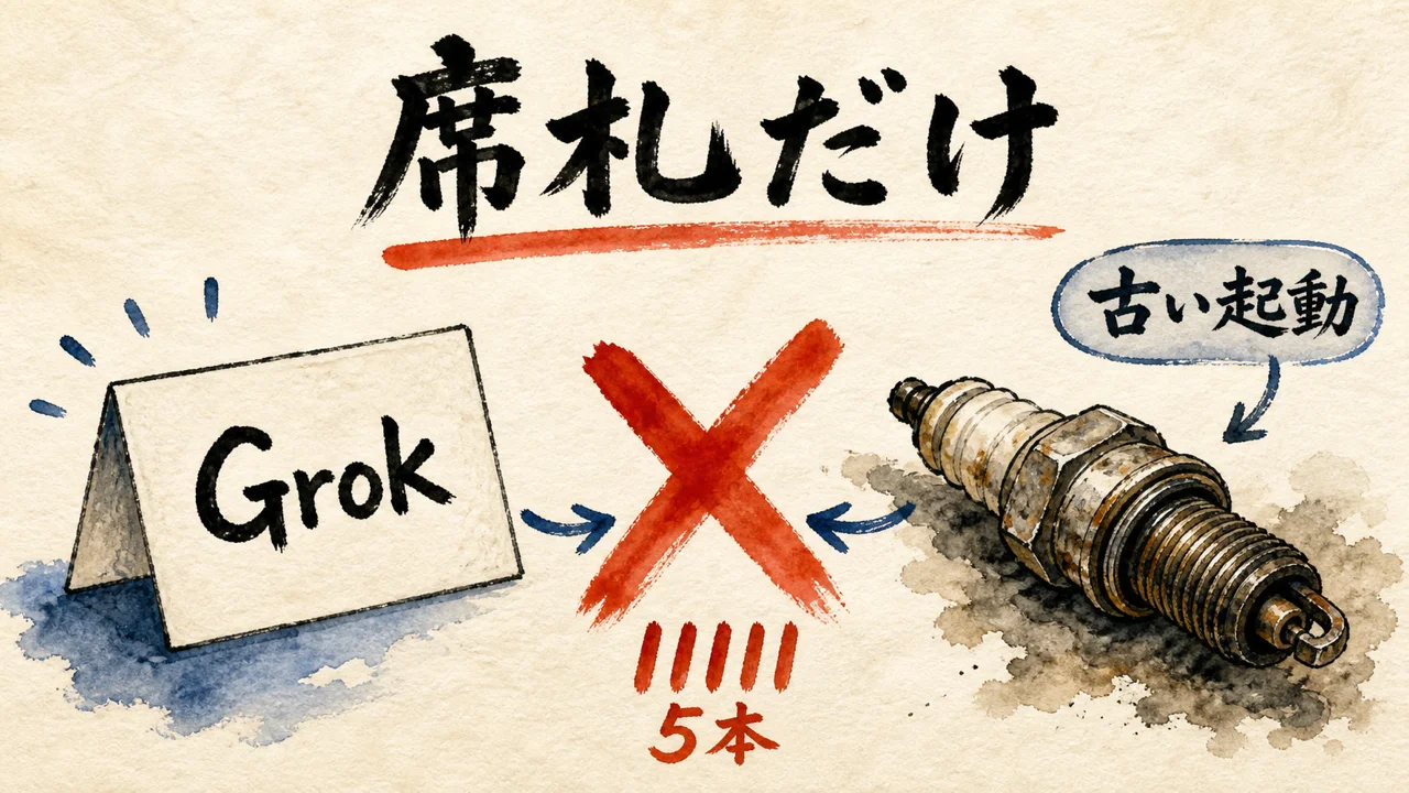 席札だけ。Grokの名札と古い点火栓の対比