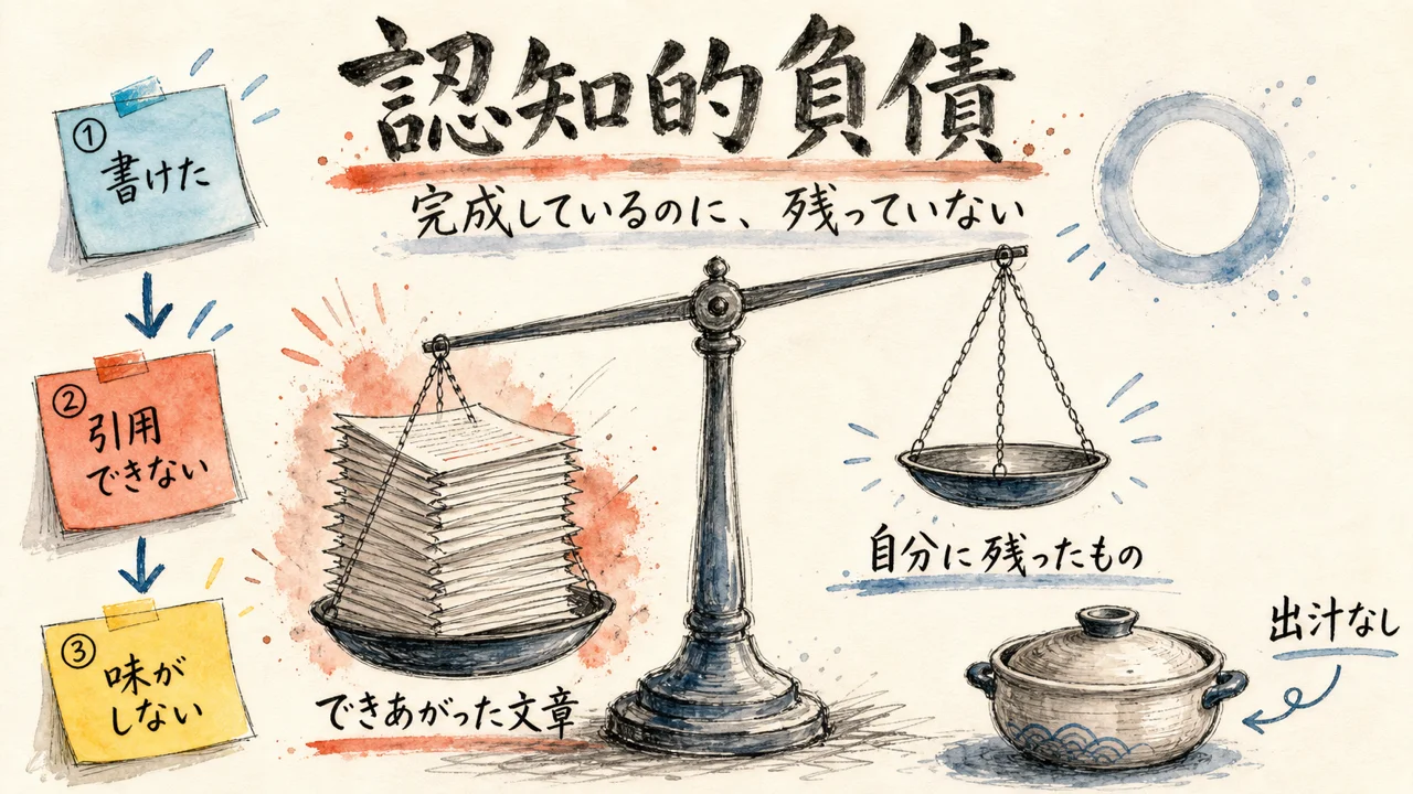 天秤の左皿に積み上がった原稿の束「できあがった文章」、右皿は空っぽで「自分に残ったもの」と書かれた手描き水彩の図。脇に湯気の立たない鍋と「出汁なし」の添え字