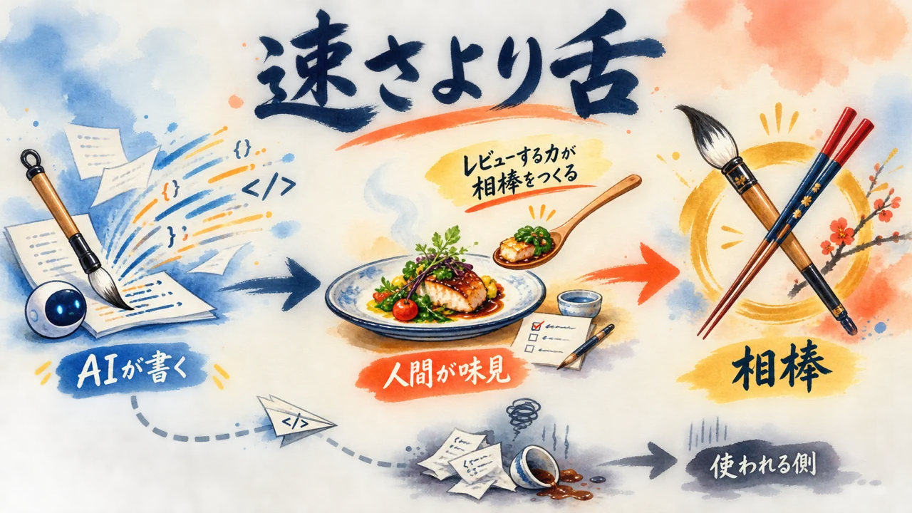 AIが書いて人間が味見する。レビューが相棒をつくる流れ図解