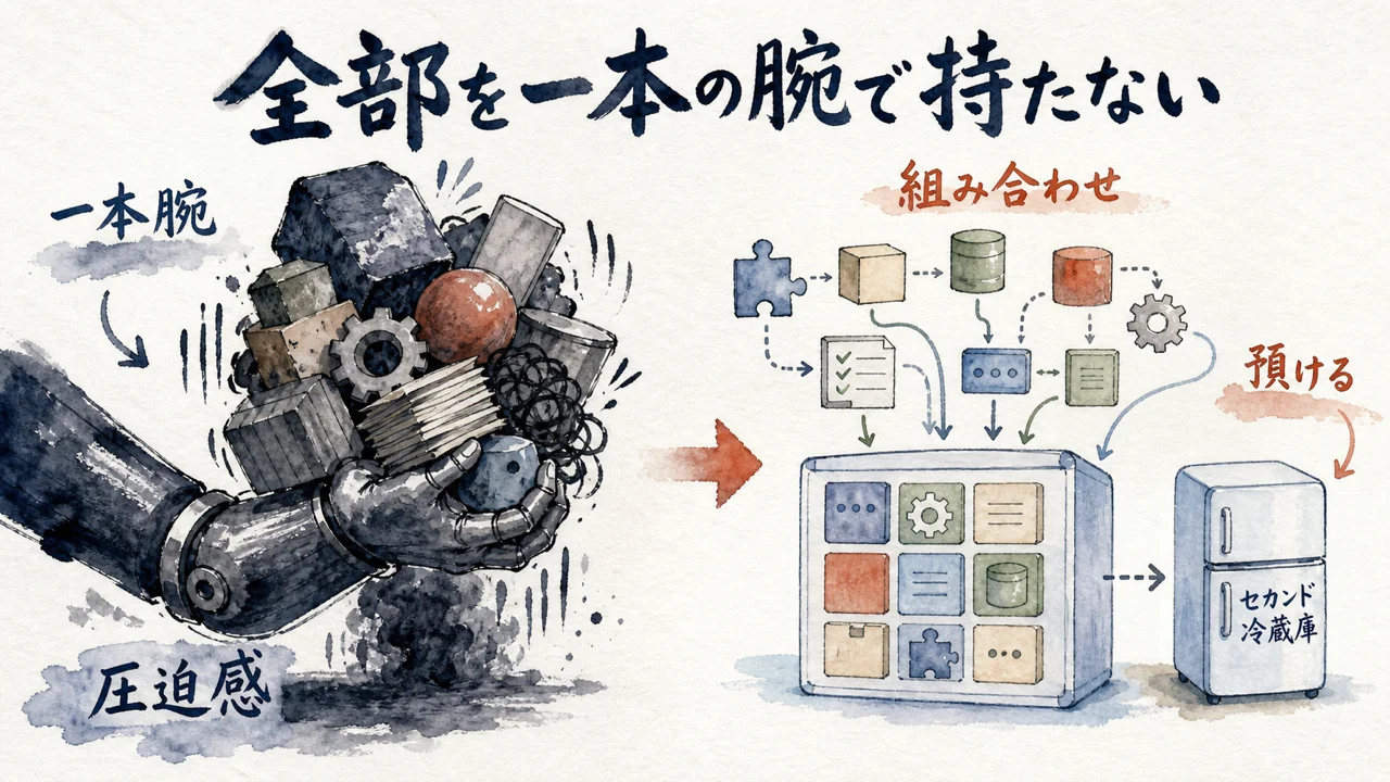 一本の太い腕に乗らず部品を組み合わせる対比図解