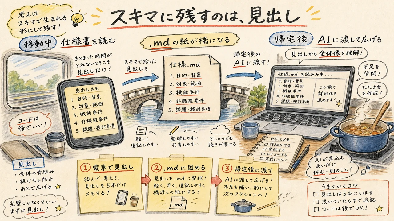 電車で見出しを固め帰宅後にAIへ渡す図解