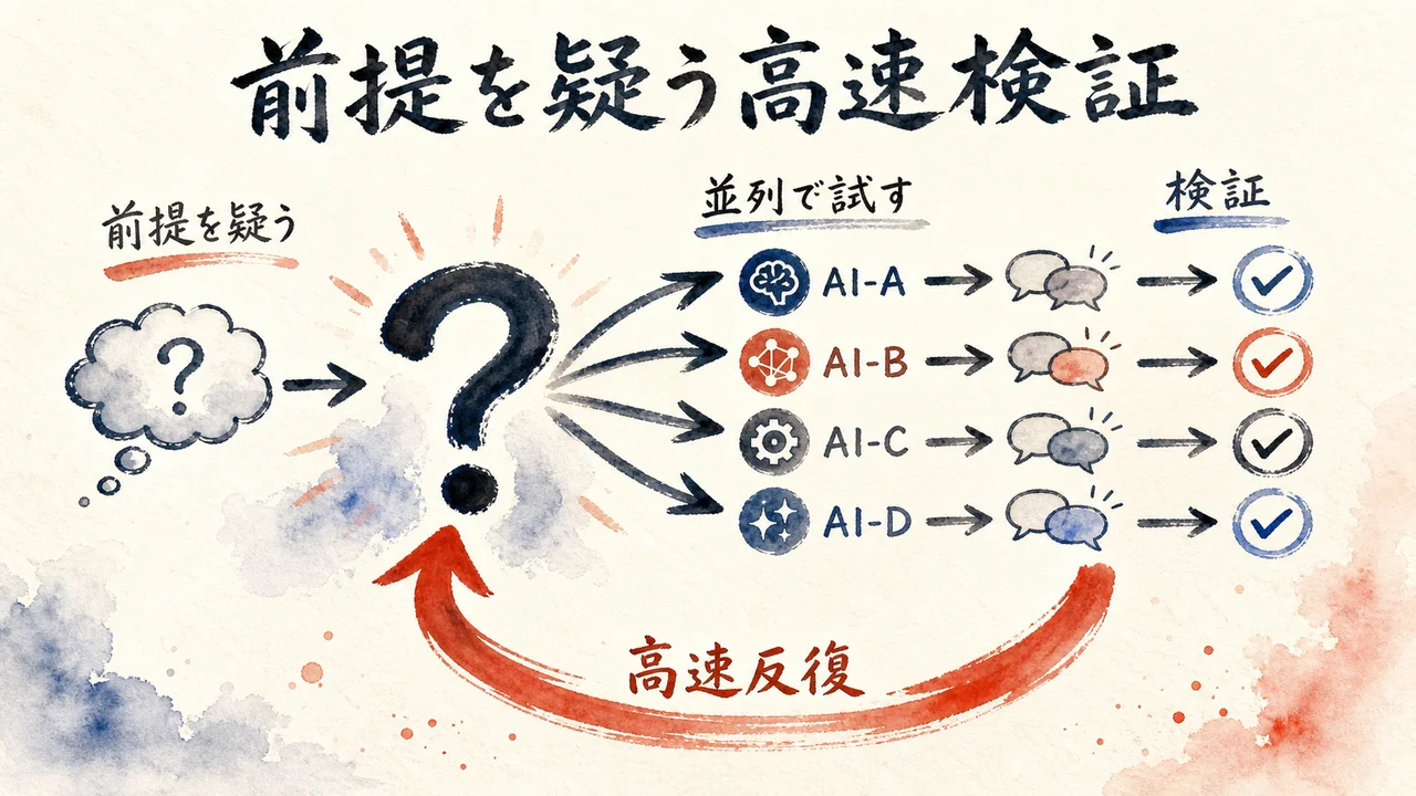 前提を疑う高速検証ループの図解
