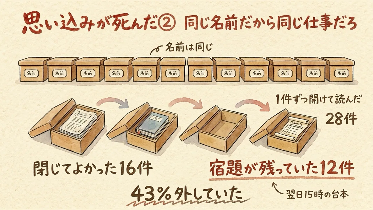 同じ名前のタスク12件の中身が全部違っていたことを示す図解
