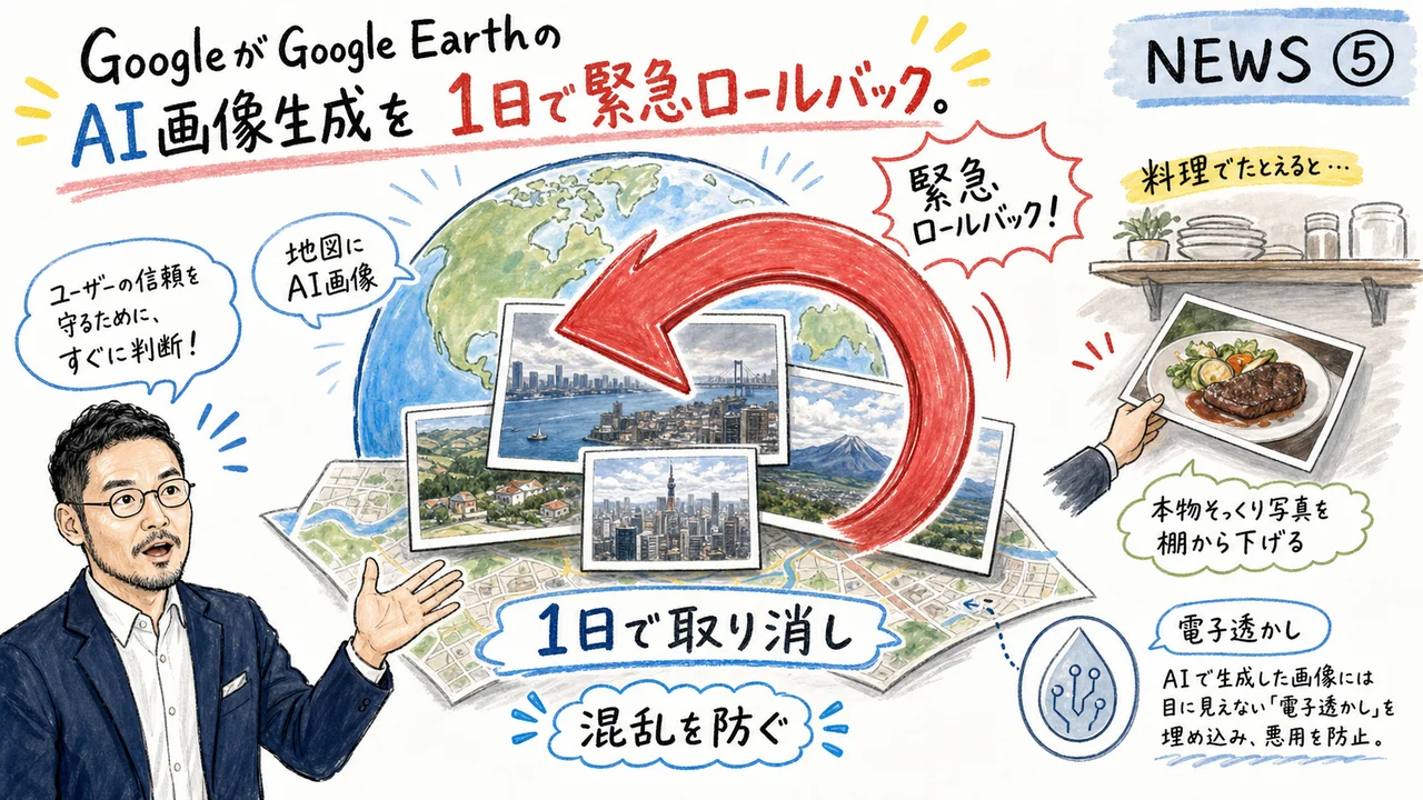 Google EarthのAI画像生成機能ロールバックを解説するグラレコ
