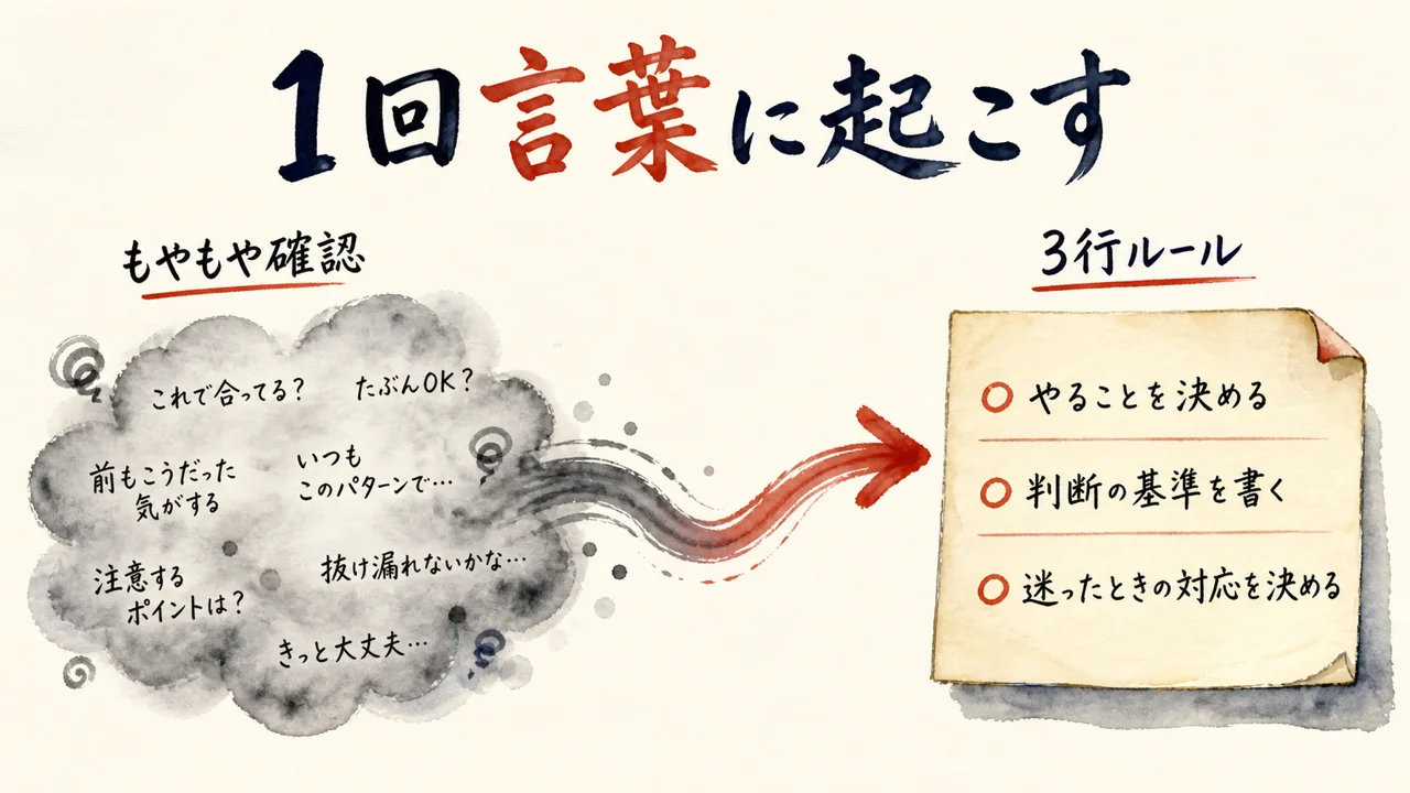 曖昧な確認を3行のルールに書き起こす様子を示す図解