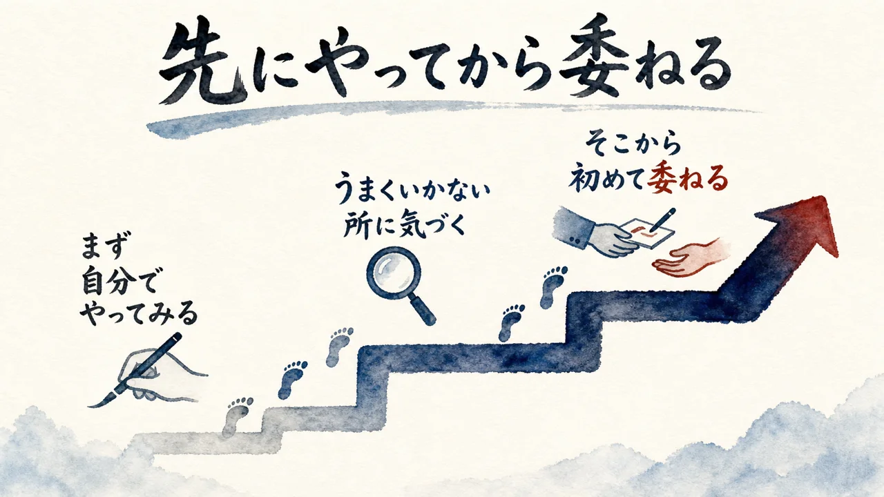 先にやってから委ねるという順番を示す図解